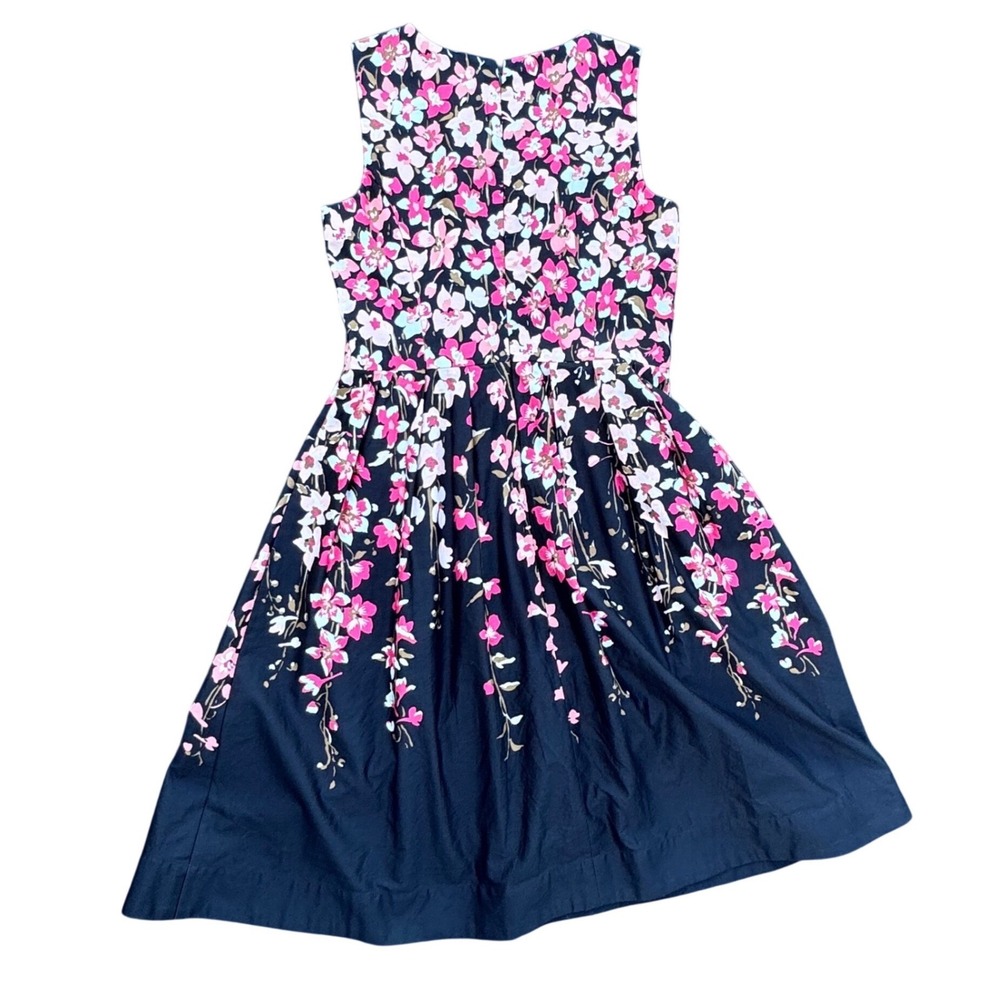 Talbots Dress Women 10 Navy Blue Excellent Floral Sleeveless Fit Flare Cotton - Picture 2 of 9